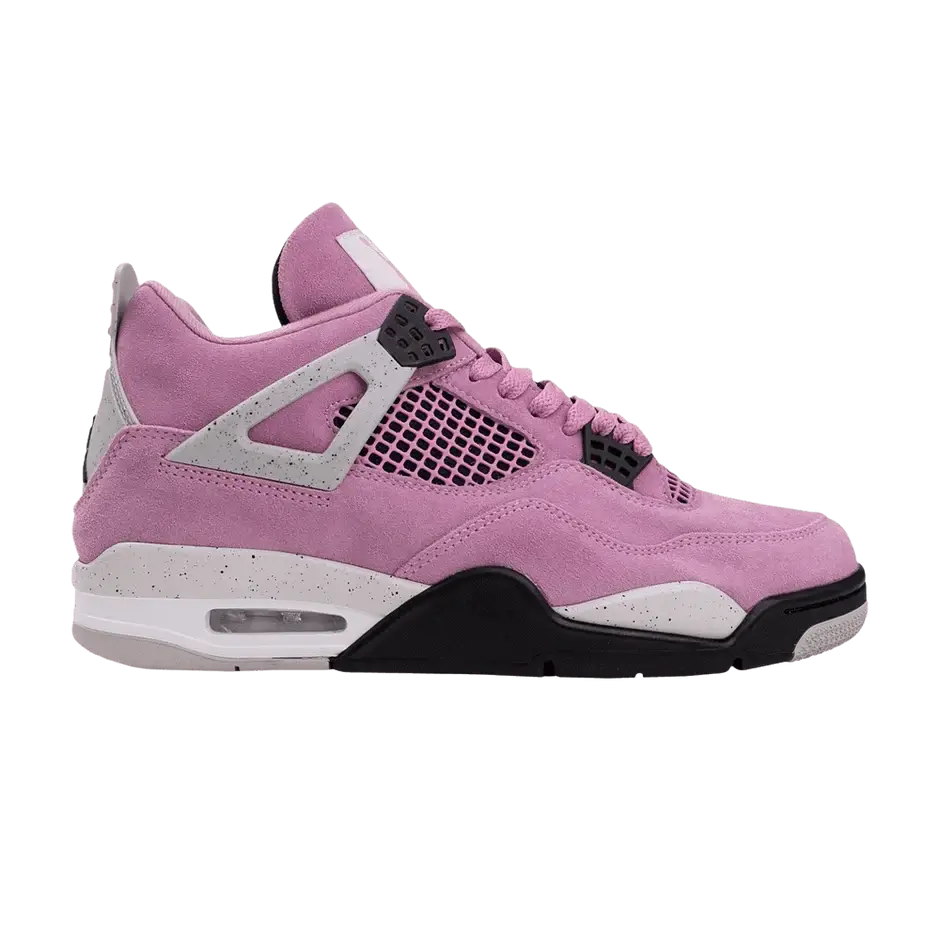 Jordan 4 Retro Orchid Women's sneaker featuring vibrant pink suede, speckled accents, and classic Jordan design. Iconic style for sneaker enthusiasts.