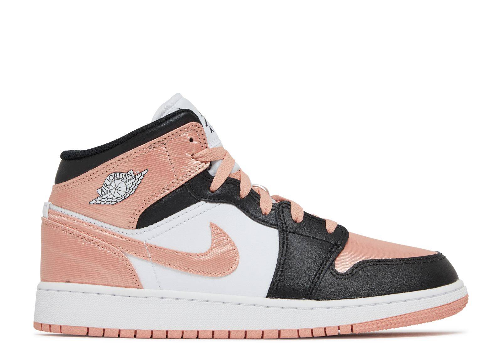 Air Jordan 1 Mid GS White Light Madder Root sneaker featuring white leather base, black accents, pink suede overlays, and signature wings logo.