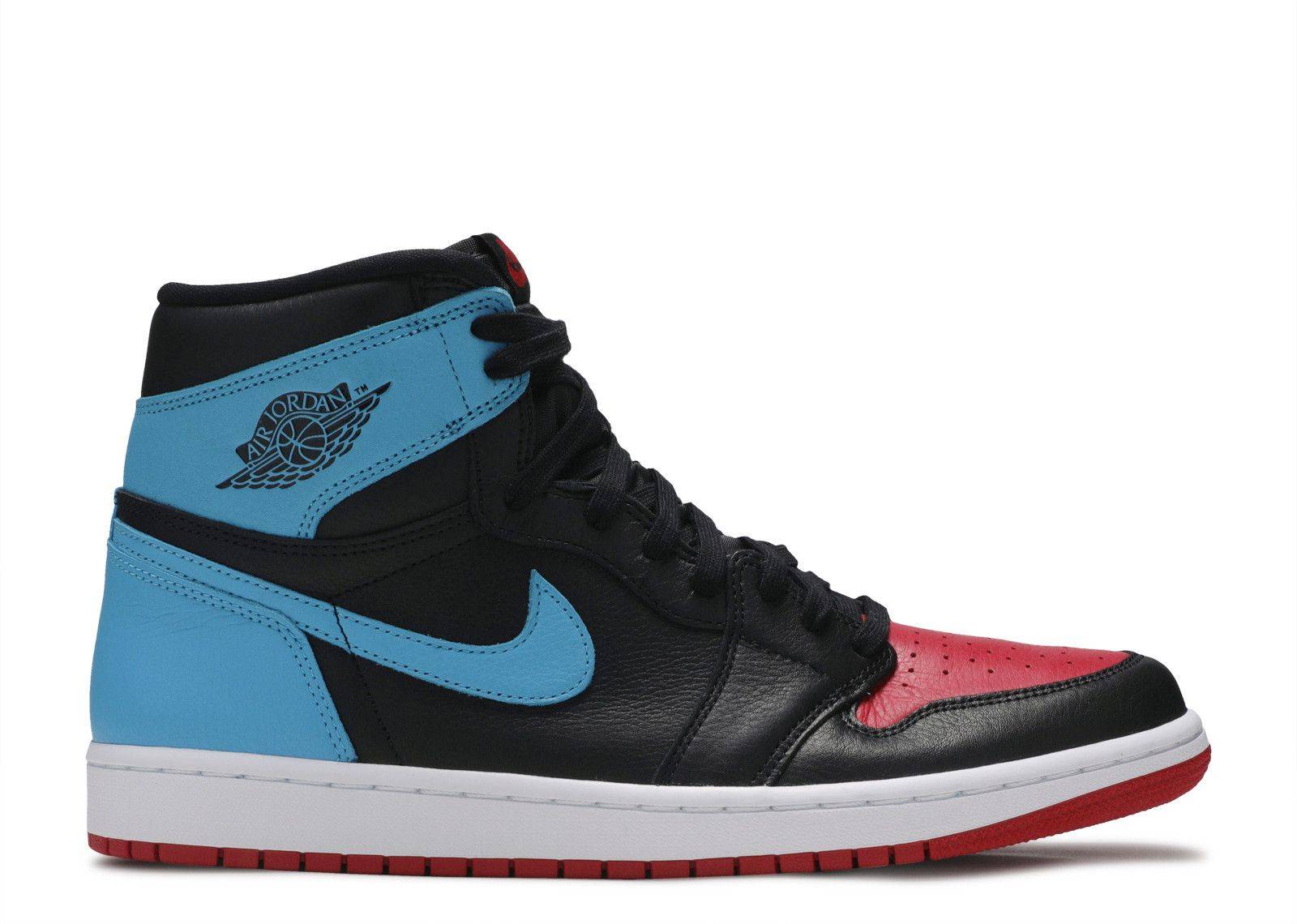 Air Jordan 1 High OG UNC Chicago women's sneakers featuring a black leather base with blue and red accents, iconic Jordan Wings logo, and red outsole.