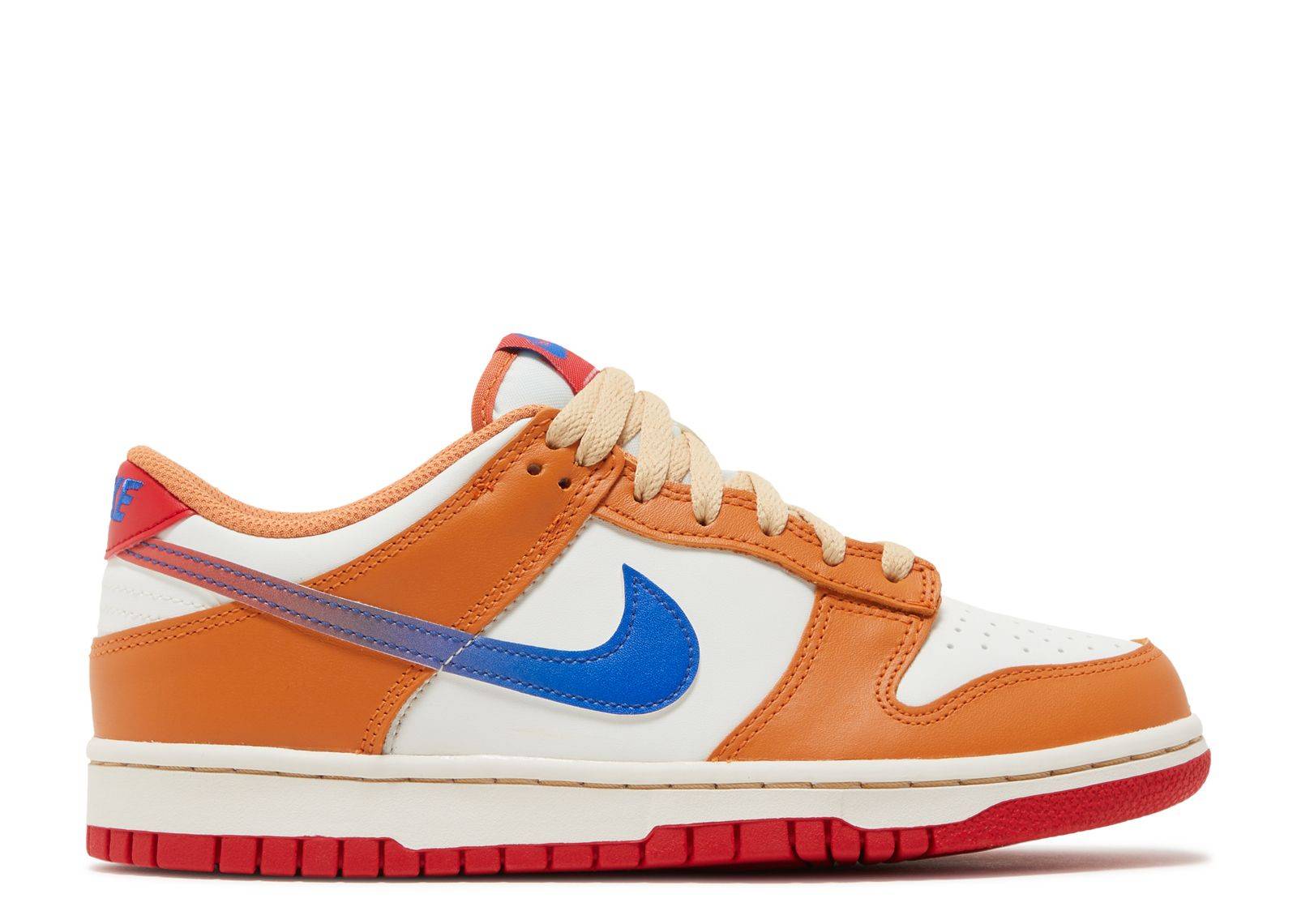 Nike Dunk Low GS Hot Curry sneaker featuring orange leather overlays, Game Royal blue swoosh, and red outsole. Retro-inspired design for casual wear.