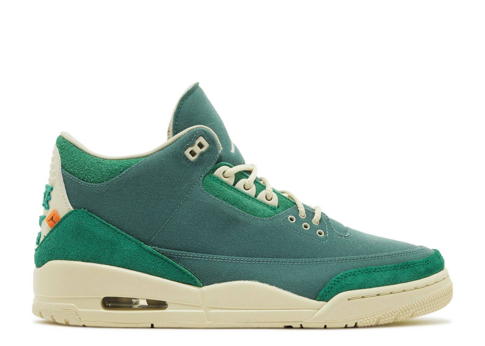 Air Jordan 3 Retro SP Bicoastal - Nina Chanel Abney sneaker featuring a green canvas and suede upper, cream midsole, and rope laces. Limited edition design with Jumpman logo, ideal for collectors.