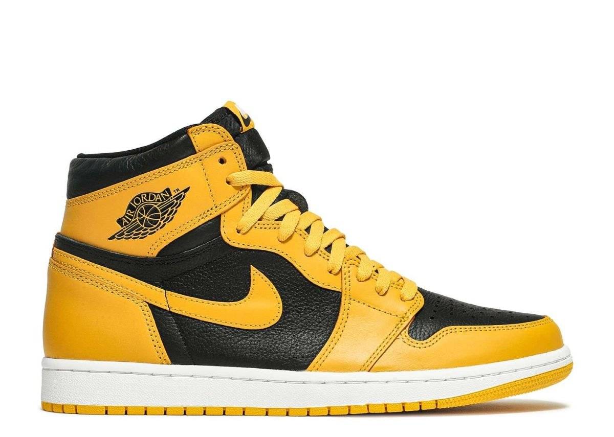 Air Jordan 1 High Retro OG Pollen sneakers featuring black tumble leather base, Pollen yellow overlays, and a white midsole with durable rubber outsole.