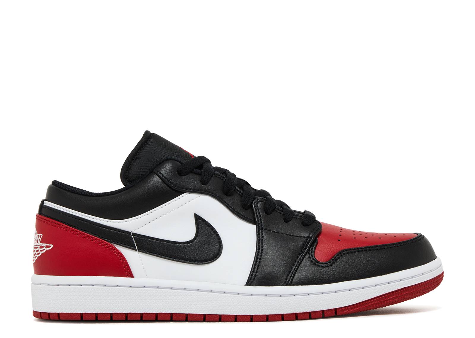 Air Jordan 1 Low Bred Toe 2.0 sneaker featuring a black, white, and red leather upper with a red gum sole, ideal for casual wear.