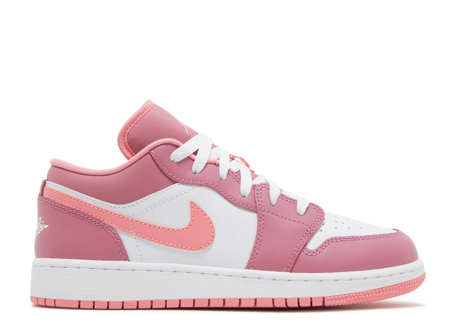 Air Jordan 1 Low GS Desert Berry sneaker featuring a white leather base, pink overlays, and a coral Swoosh. Low-cut design with foam midsole and rubber outsole for grip.