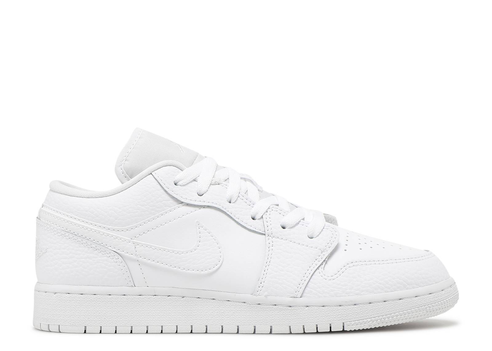 Air Jordan 1 Low GS White sneaker with a textured suede body, cream Nike Swoosh, and classic low-top design. Stylish footwear for grade school.