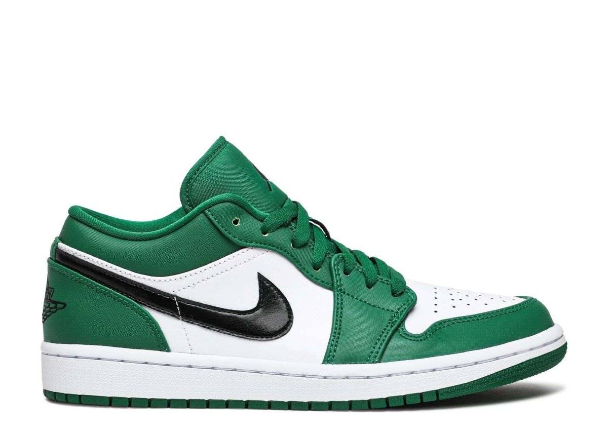 Air Jordan 1 Low Pine Green sneaker with white leather upper, Pine Green overlays, black Swoosh, and perforated toebox. Ideal for golf.