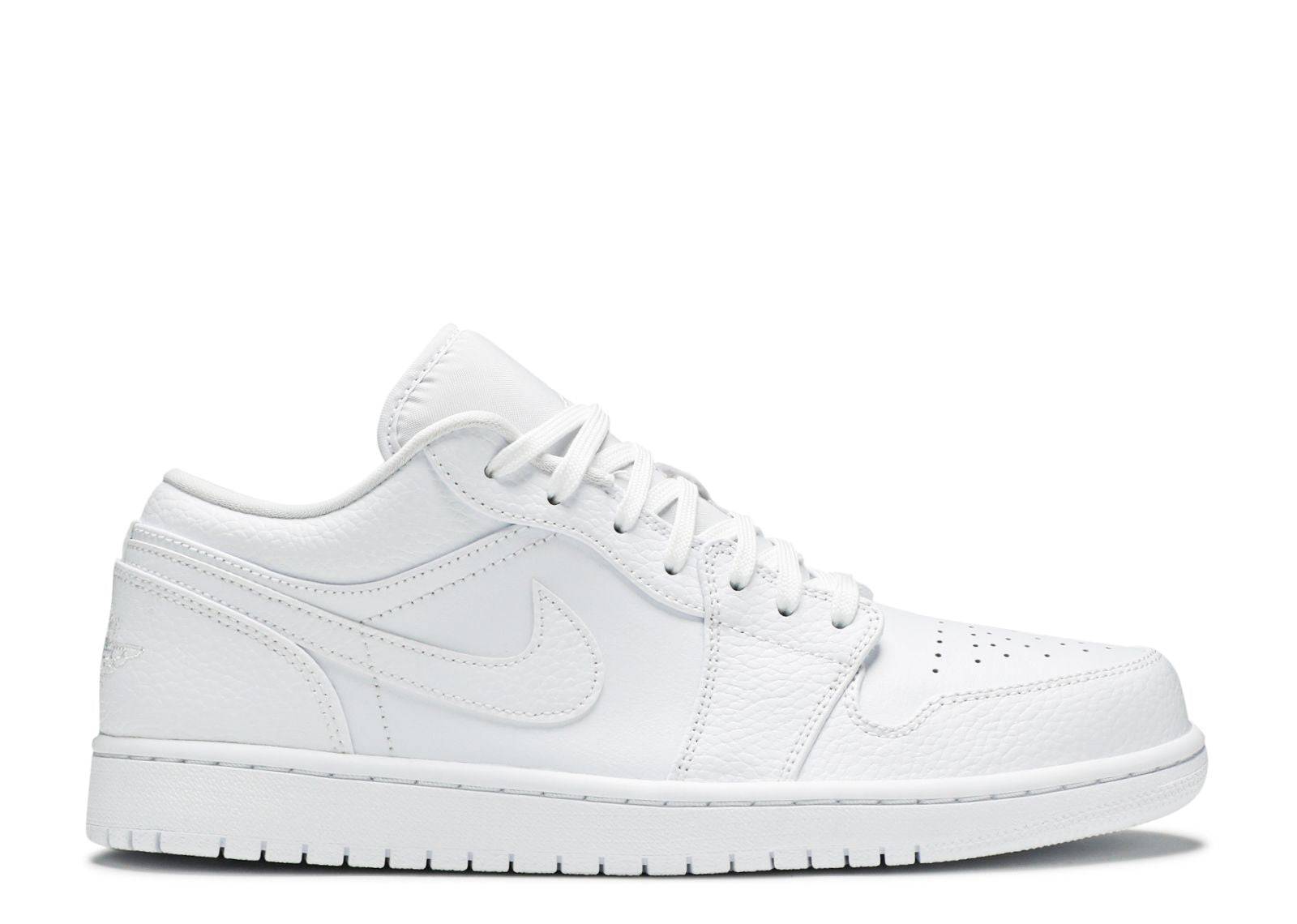 Air Jordan 1 Low Triple White sneaker featuring a smooth white leather upper, perforated toe box, and tonal laces. Iconic Jumpman logo on tongue.