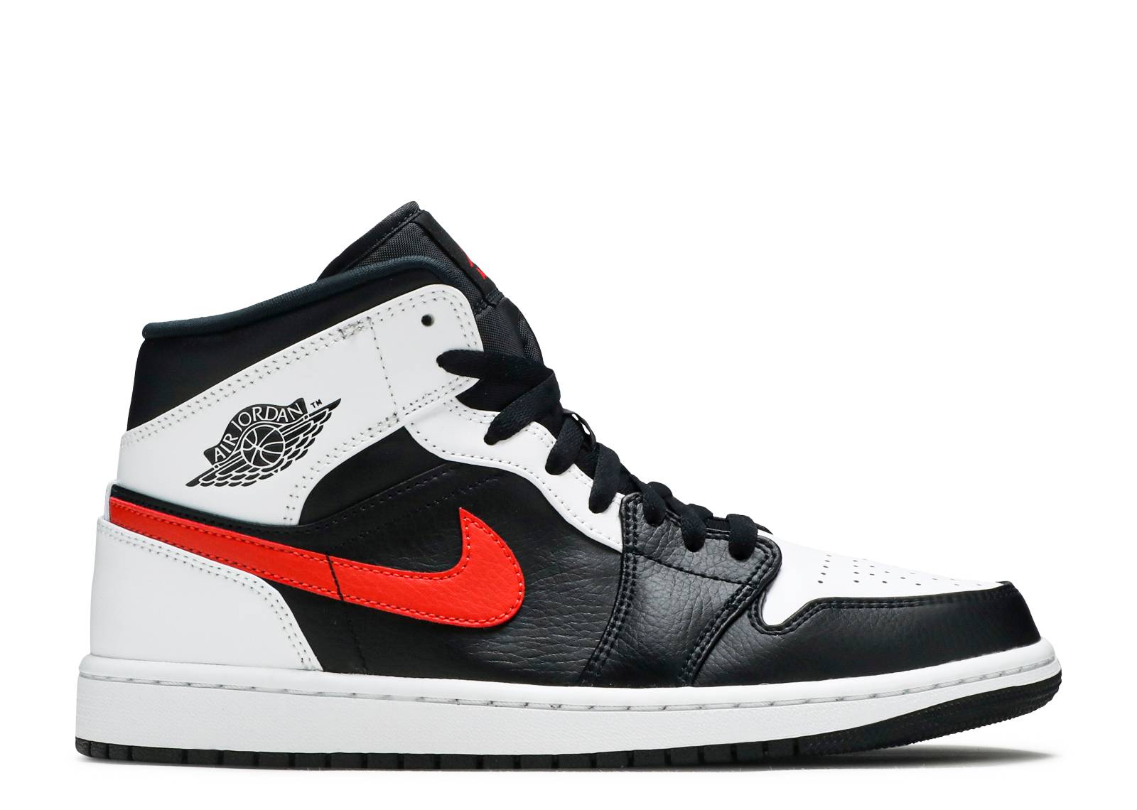 Air Jordan 1 Mid Chile Red leather sneakers featuring a red swoosh, black and white panels, Jumpman logo, and durable rubber outsole.