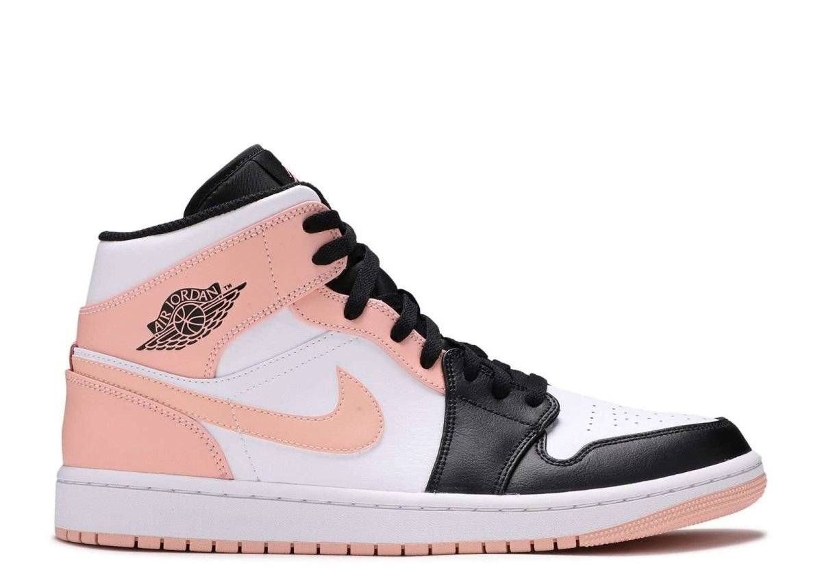 Air Jordan 1 Mid Arctic Orange Black Toe sneaker with leather upper, perforated white toe box, black overlays, and pink accents. Stylish and comfortable design for casual wear.