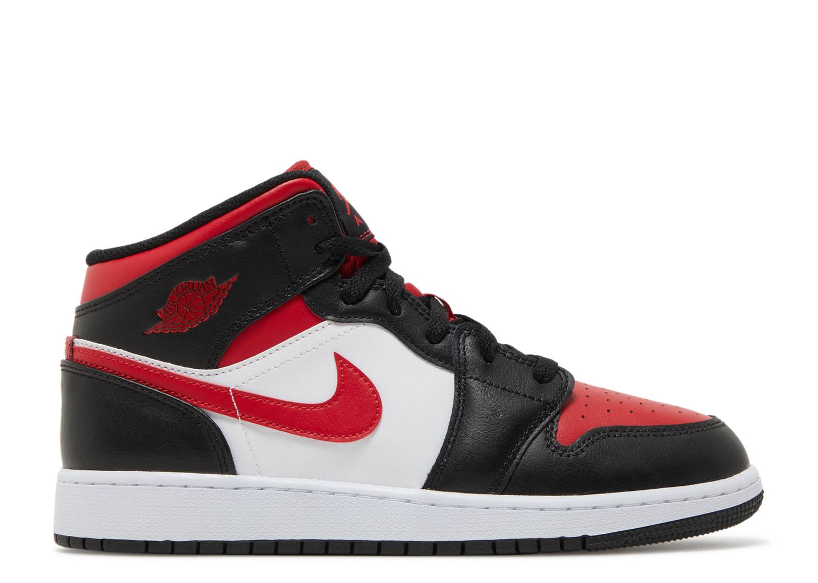 Air Jordan 1 Mid GS Black Red sneaker featuring black, red, and white leather overlays with a red Nike Swoosh and cushioned midsole.