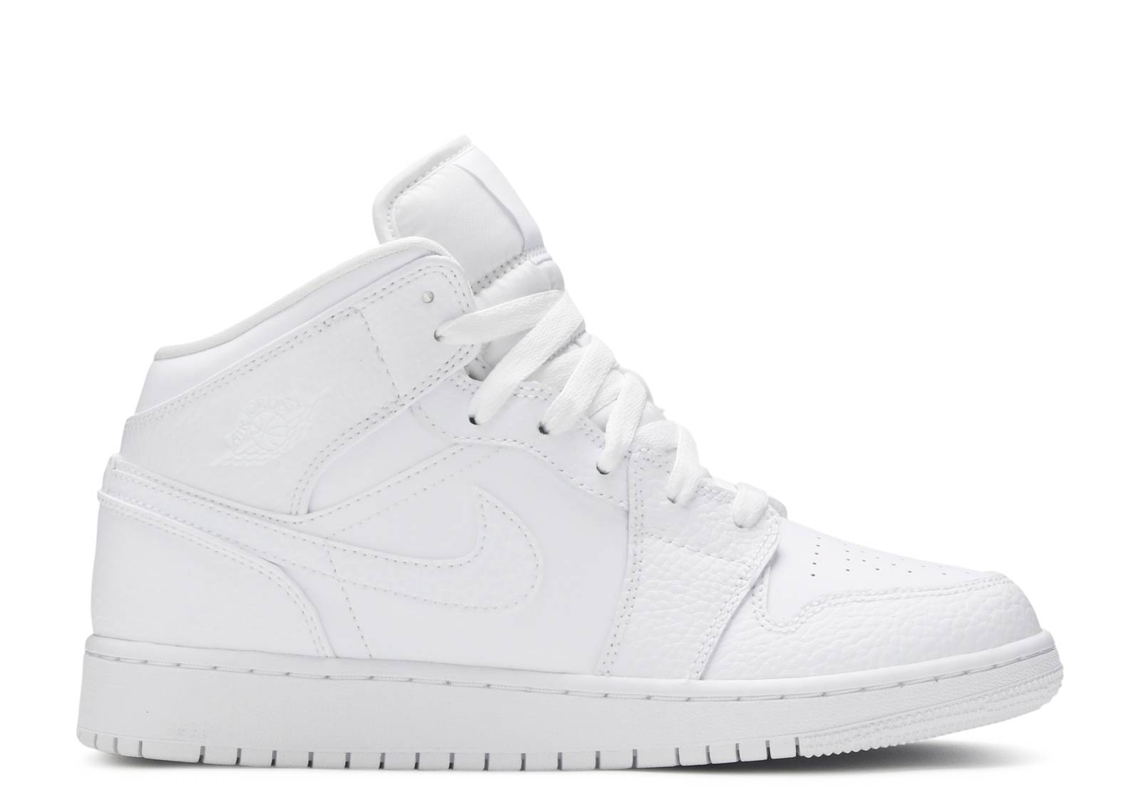 Air Jordan 1 Mid GS Triple White sneaker featuring tumbled leather, Nike Swoosh, perforated toe box, and rubber outsole. Perfect for casual and athletic wear.