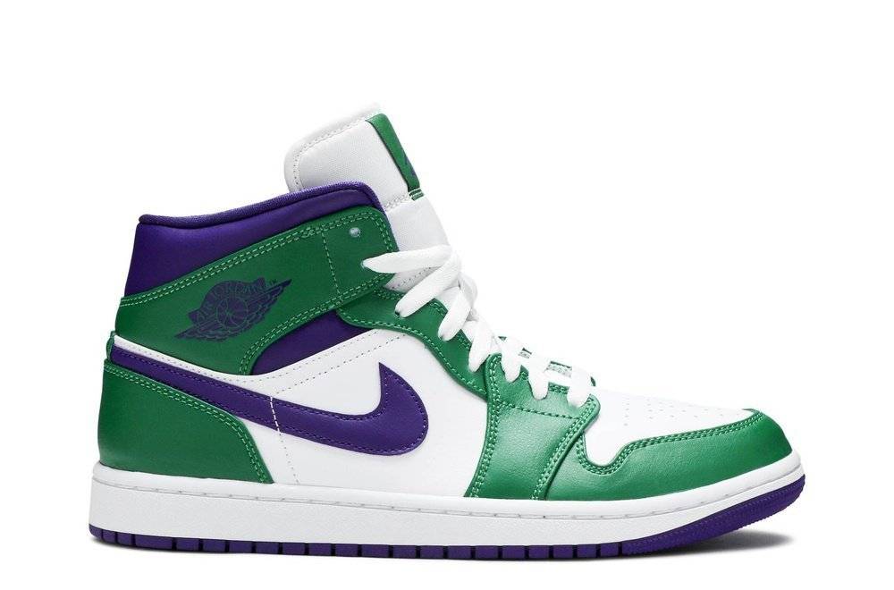 Air Jordan 1 Mid Hulk sneaker featuring a bold Aloe Verde green and Court Purple design with white accents, inspired by the Incredible Hulk.