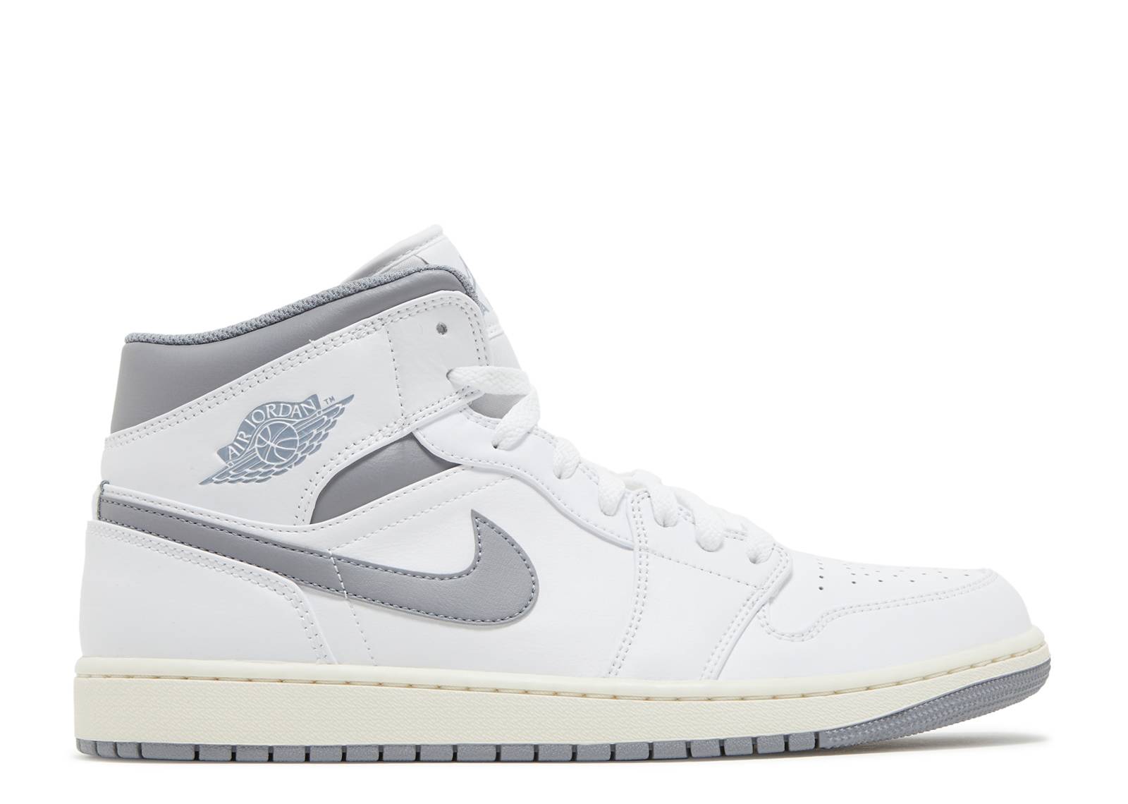 Air Jordan 1 Mid Neutral Grey sneaker featuring a white leather upper with grey accents, Nike Air cushioning, and a timeless mid-top design.