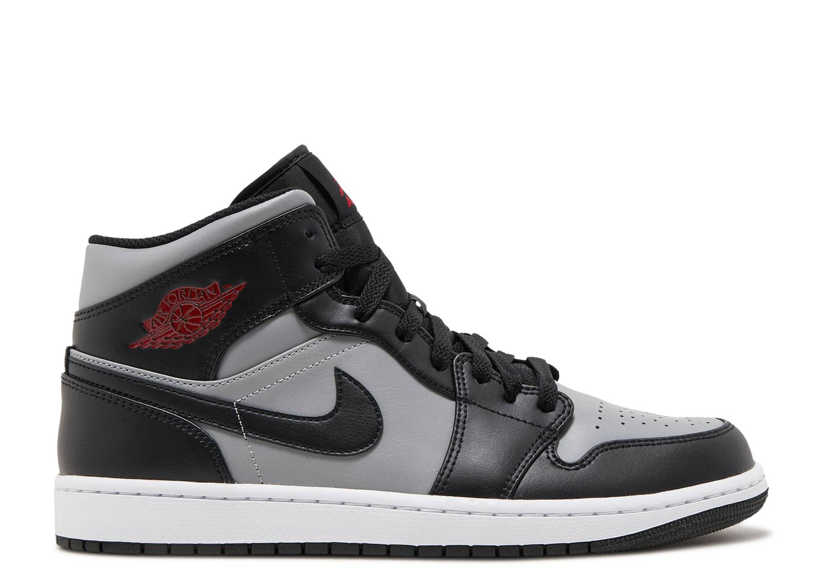 Air Jordan 1 Mid Shadow sneaker featuring a black and gray leather upper with red accents. Classic design ideal for sneaker enthusiasts.