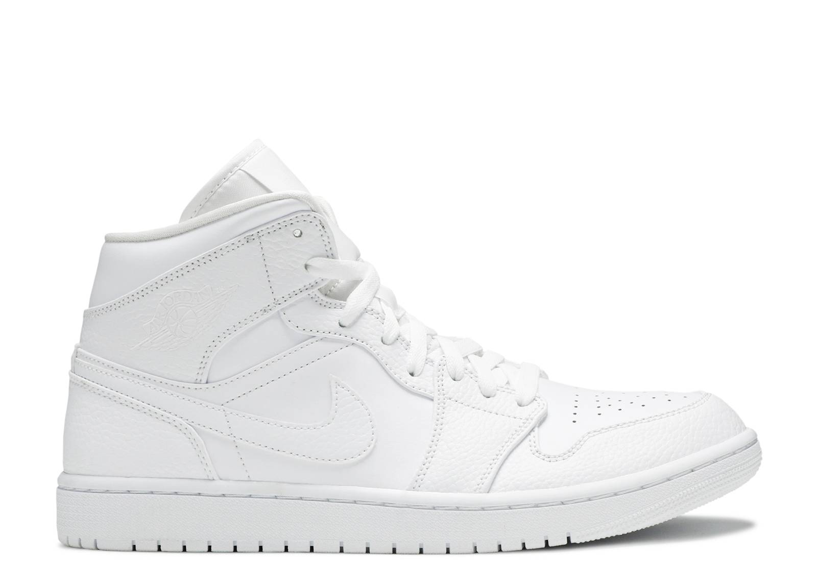 Air Jordan 1 Mid Triple White sneaker featuring an all-white leather upper, perforated toe box, and iconic Nike Swoosh. Ideal for timeless style and comfort.