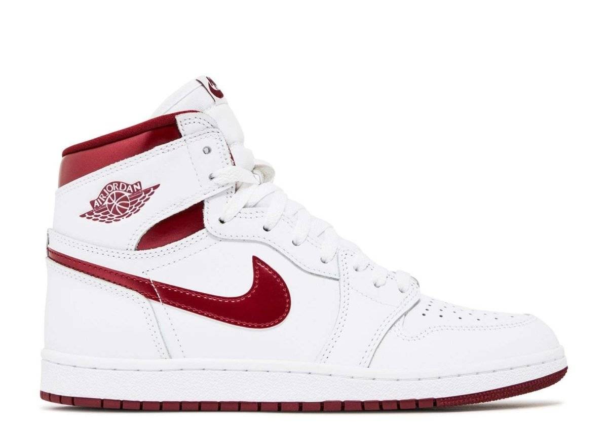 Air Jordan 1 Retro High 85 OG Metallic Burgundy sneaker with premium white leather upper, Metallic Burgundy overlays, and Nike Air branding.