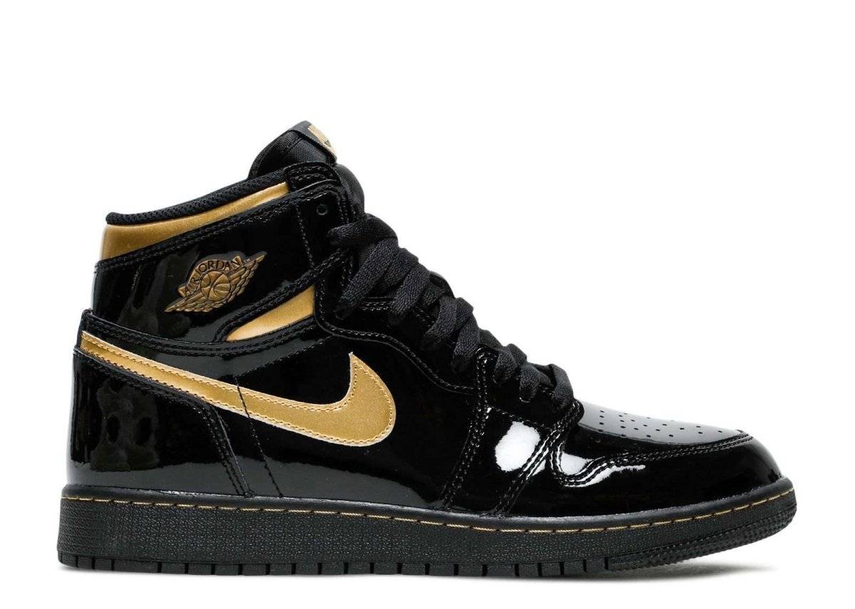 Air Jordan 1 Retro High OG Black Metallic Gold sneaker featuring premium black patent leather with metallic gold accents, and a solid rubber outsole.