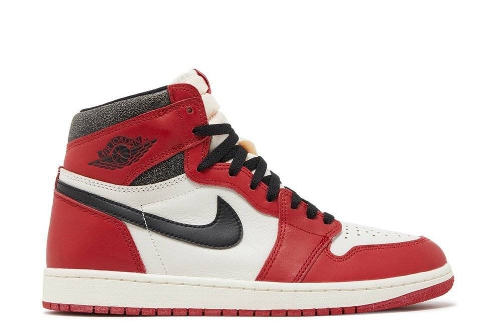 Air Jordan 1 Retro High OG Chicago - Lost & Found sneaker featuring red, white, and black colorway with cracked leather and vintage pre-yellowed accents.