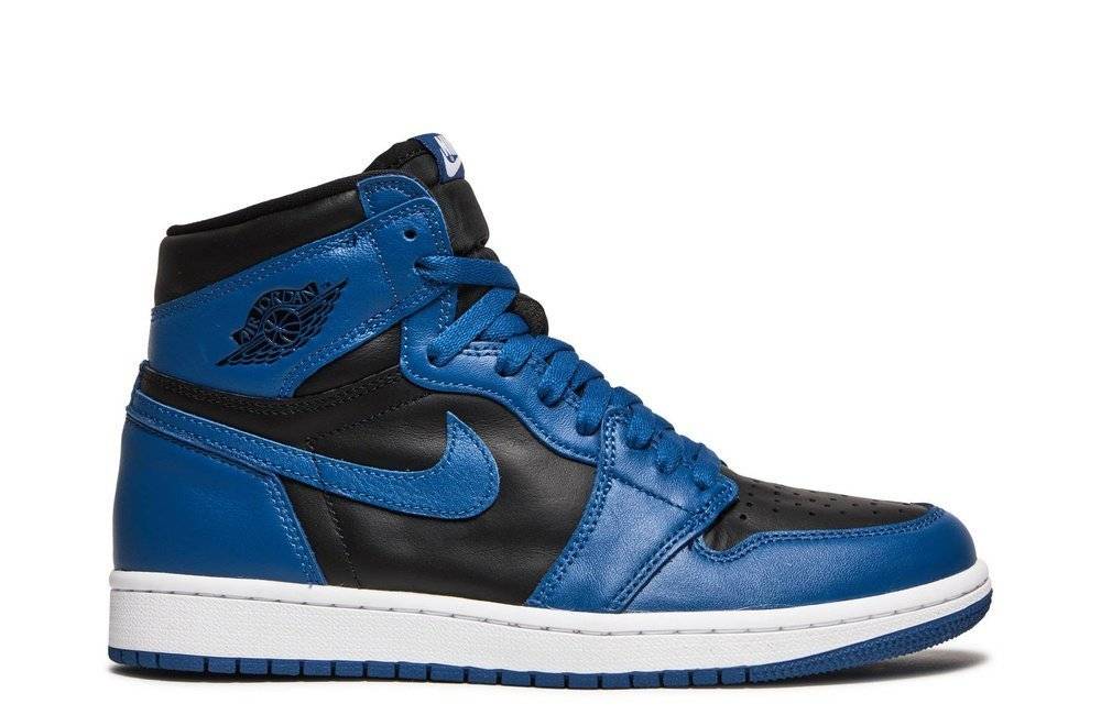 Air Jordan 1 Retro High OG in Dark Marina Blue with smooth black leather base, blue overlays, white midsole, and iconic Wings logo.