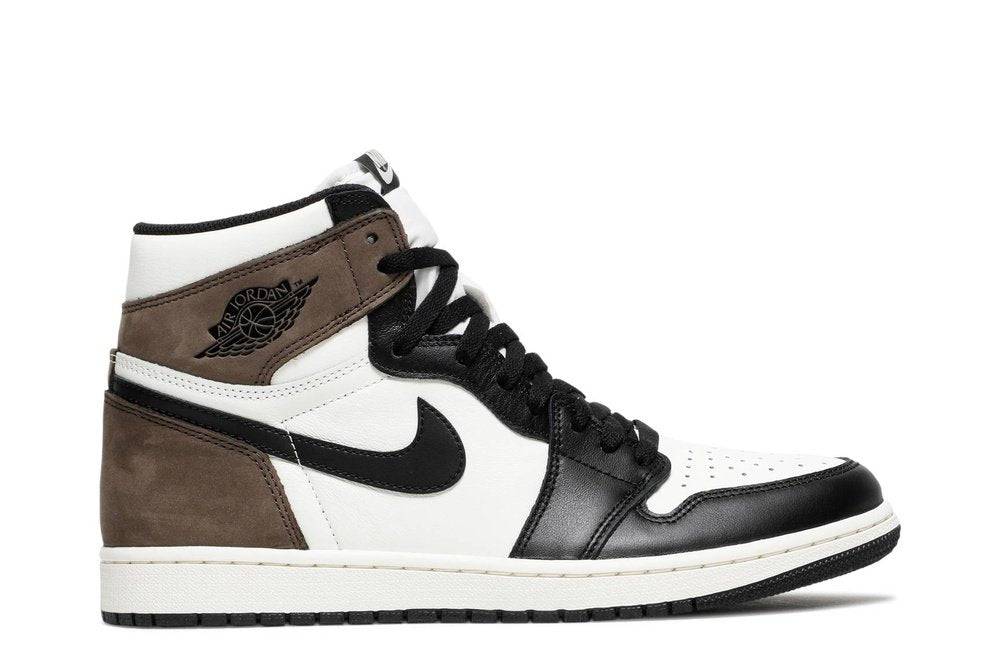 Air Jordan 1 Retro High OG Dark Mocha sneaker featuring sail leather, black suede overlays, and a Black Toe design. Released October 2020.