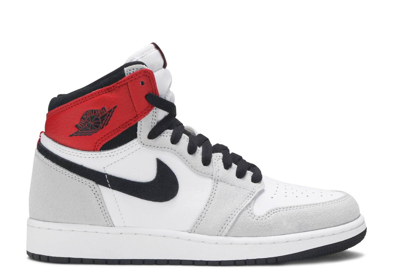 Air Jordan 1 Retro High OG GS Smoke Grey sneaker featuring white leather, grey suede overlays, red ankle panels, and black Nike Swoosh.