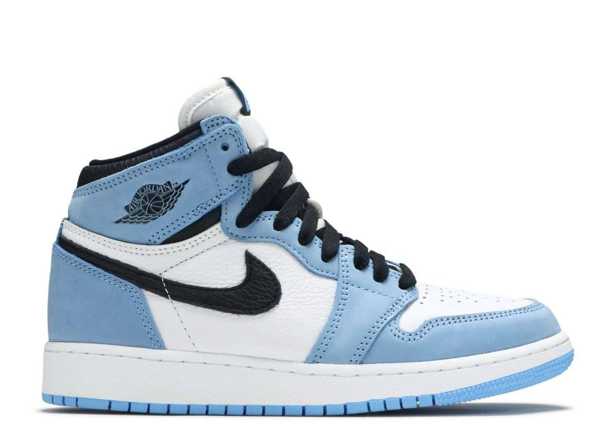 Air Jordan 1 Retro High OG GS University Blue sneaker featuring UNC-inspired blue overlays, black Nike Swoosh, and white leather base for style and comfort.