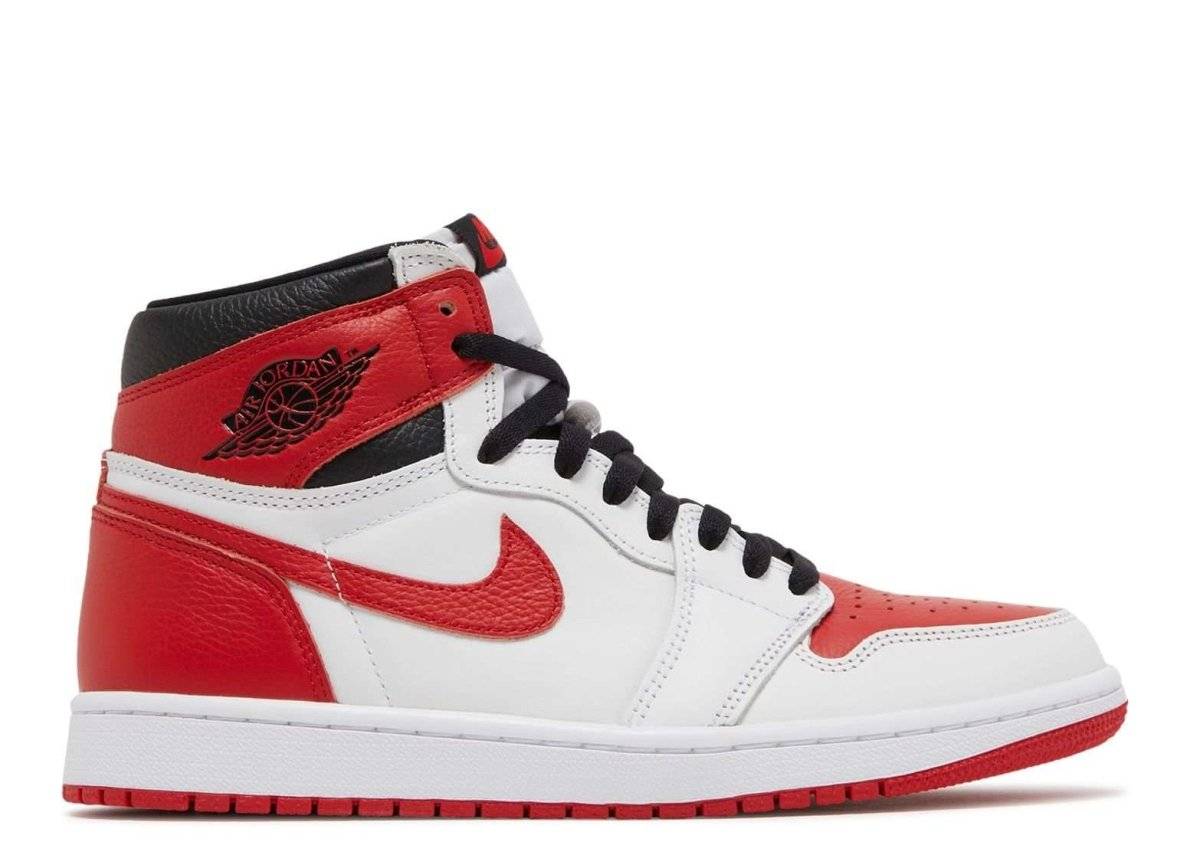 Air Jordan 1 Retro High OG Heritage sneaker in white and University Red leather with black collar, red Nike Swoosh, and Air sole.
