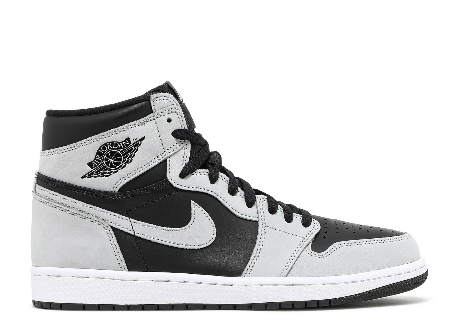 Air Jordan 1 Retro High OG Shadow 2.0 sneaker featuring a black leather base with Light Smoke Grey suede overlays, iconic Wings logo, and Nike Air label. Classic high-top design with black laces and white midsole.