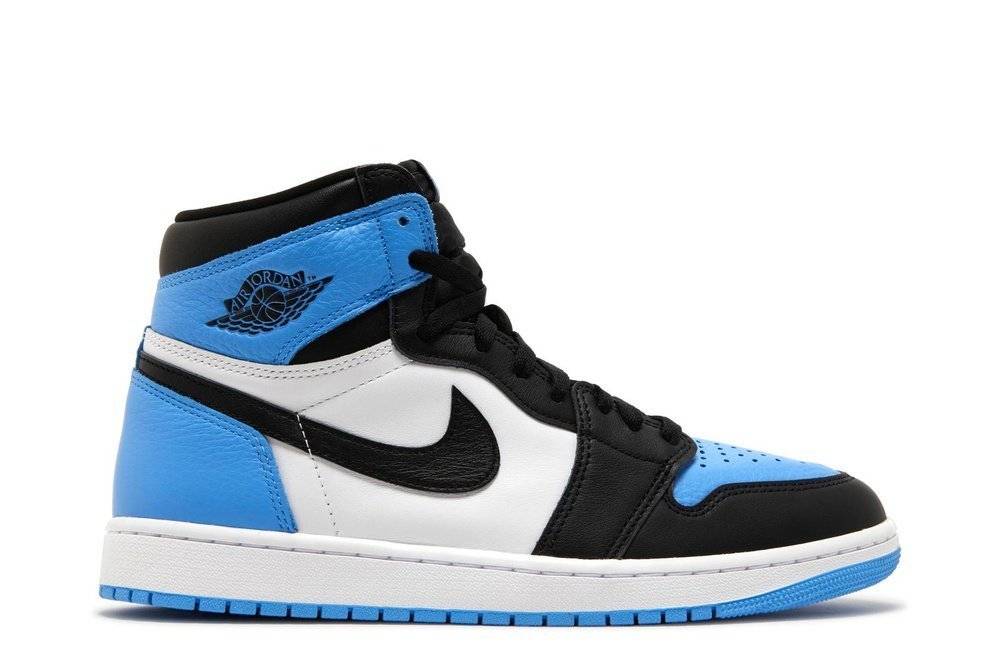 Air Jordan 1 Retro High OG UNC Toe sneaker featuring a University Blue, Black, and White colorway with premium leather construction.