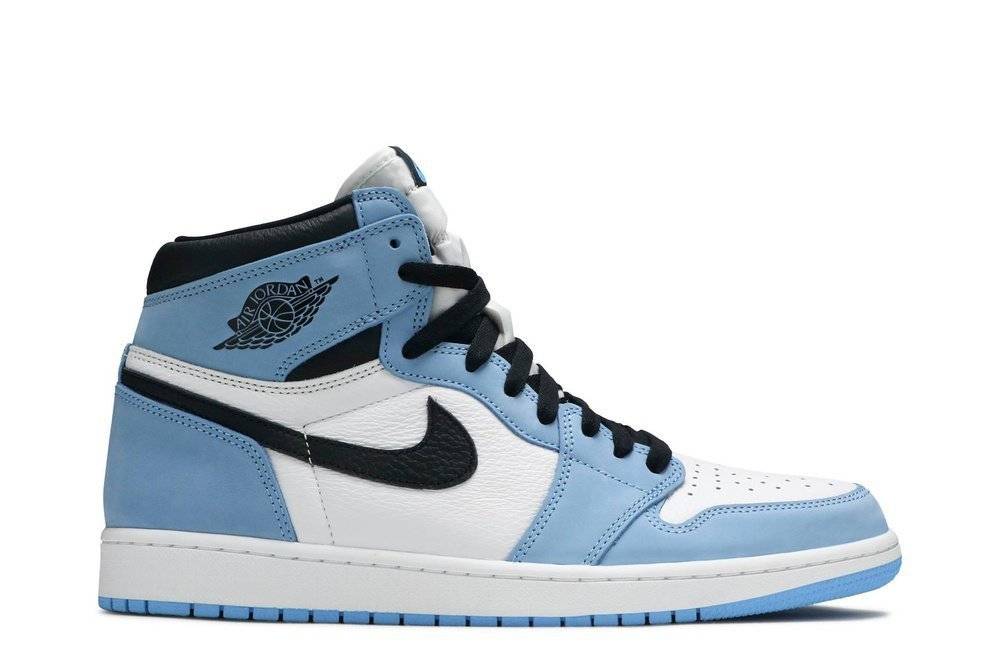 Air Jordan 1 Retro High OG University Blue sneaker featuring white leather base, black Nike Swoosh, and UNC Durabuck overlays. Iconic high-top design with Nike Air tongue, ideal for sneaker enthusiasts.