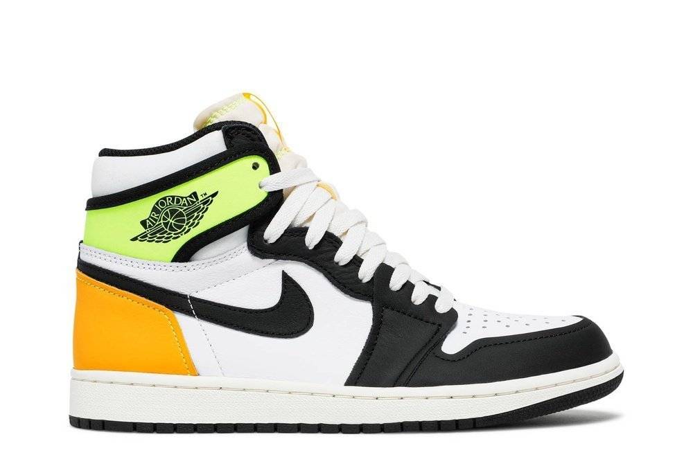 Air Jordan 1 Retro High OG in Volt Gold colorway featuring a white leather base, black overlays, and vibrant yellow and green accents. Iconic sneaker design for style and performance.