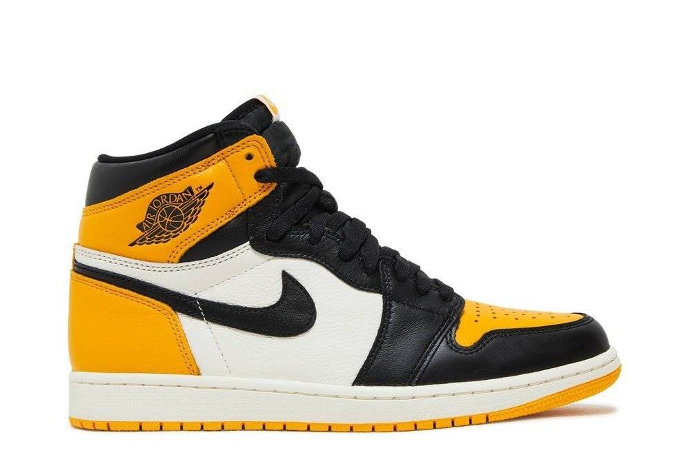 Air Jordan 1 Retro High OG Yellow Toe sneaker featuring a leather build with yellow overlays, black accents, and white base. Perfect for casual wear.