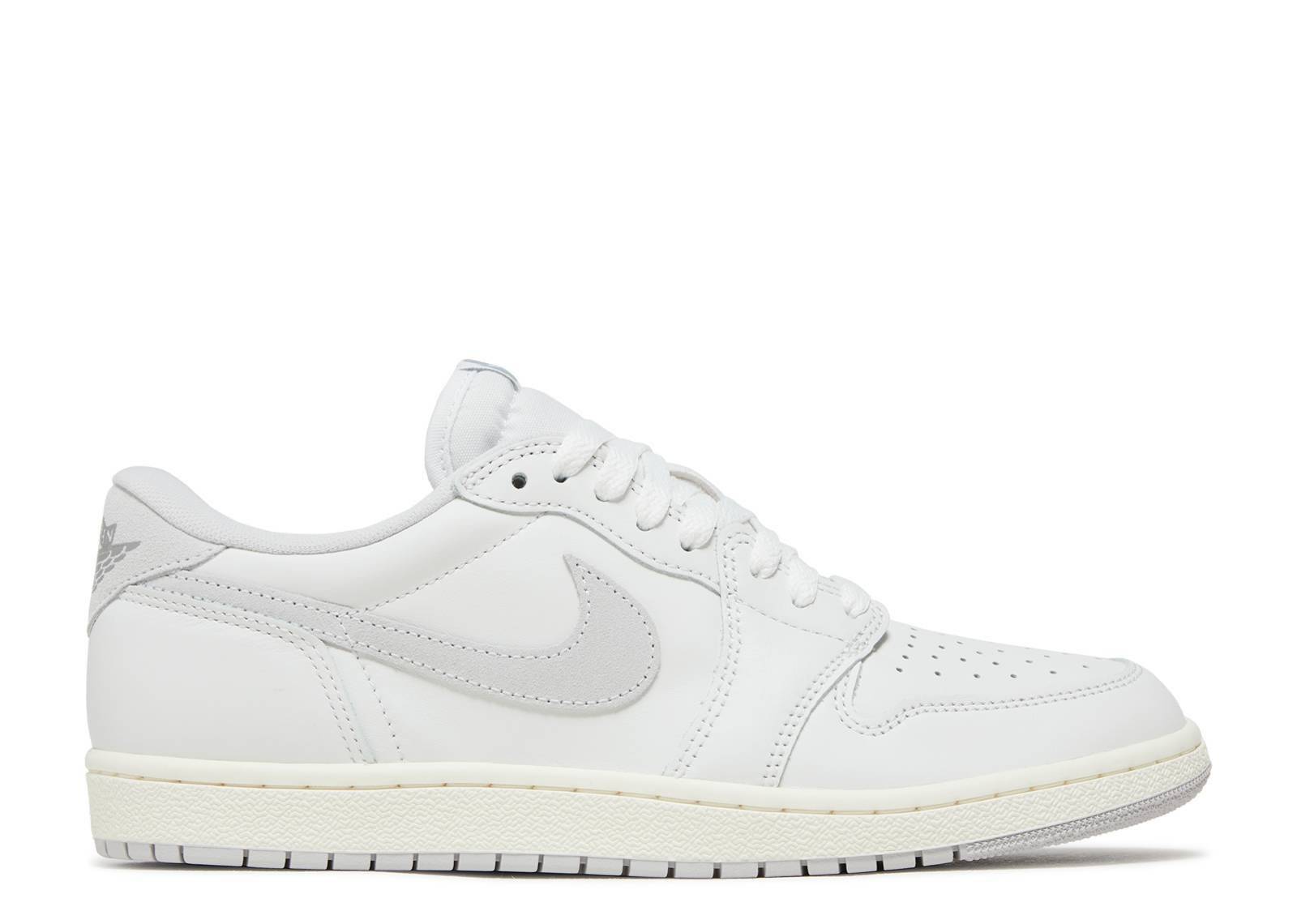 Air Jordan 1 Retro Low 85 OG Neutral Grey sneaker featuring a white leather upper, light grey Swoosh, and pre-yellowed midsole for a vintage style.