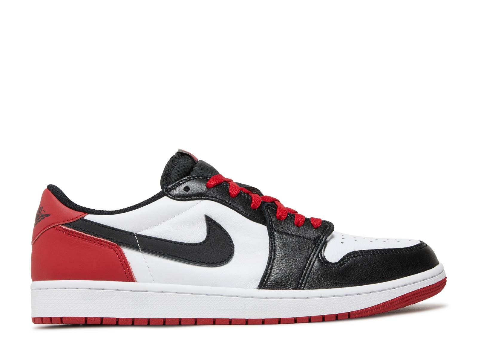 Air Jordan 1 Retro Low OG Black Toe 2023 sneaker featuring black and white leather upper, red heel accents, and iconic Swoosh logo.