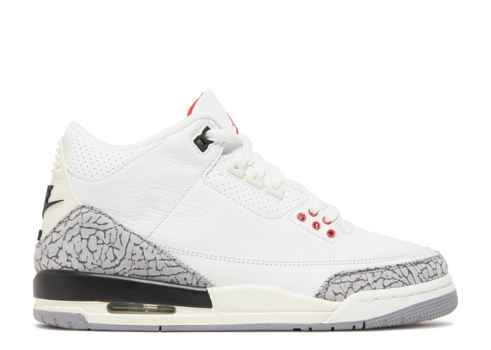 Air Jordan 3 Retro GS White Cement sneaker featuring white leather upper, elephant print overlays, and Varsity Red accents. Iconic retro design for youth sizes.