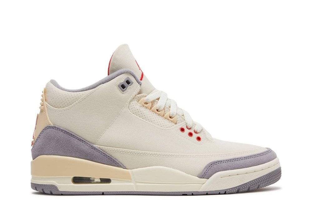 Air Jordan 3 Retro SE Muslin sneakers featuring a durable canvas upper, grey suede overlays, cream TPU eyestays, and a red Jumpman logo. Stylish design with Air Max sole for comfort.