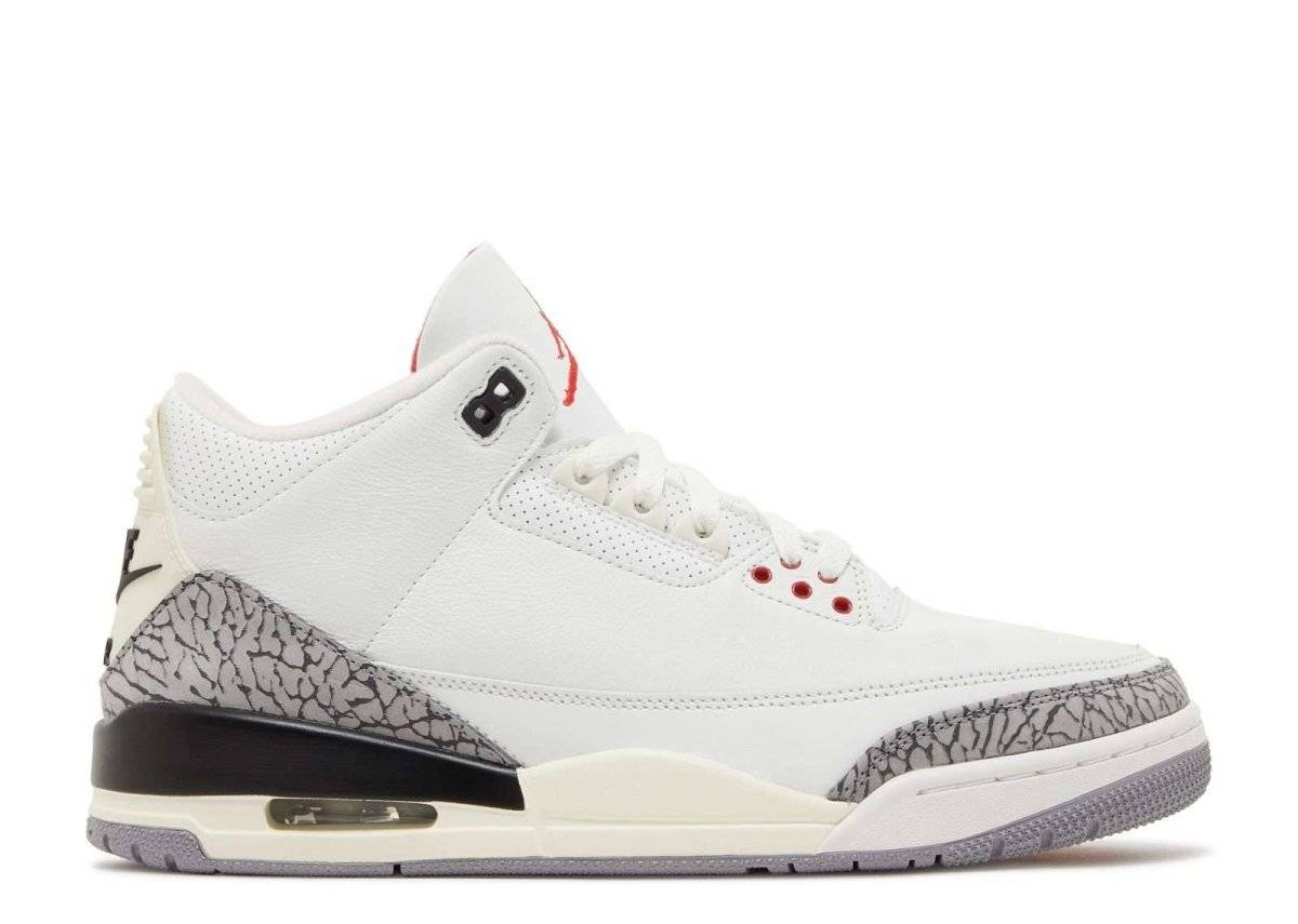 Air Jordan 3 Retro White Cement sneaker with white leather upper, off-white midsoles, and iconic elephant print accents. Classic design for sneaker enthusiasts.