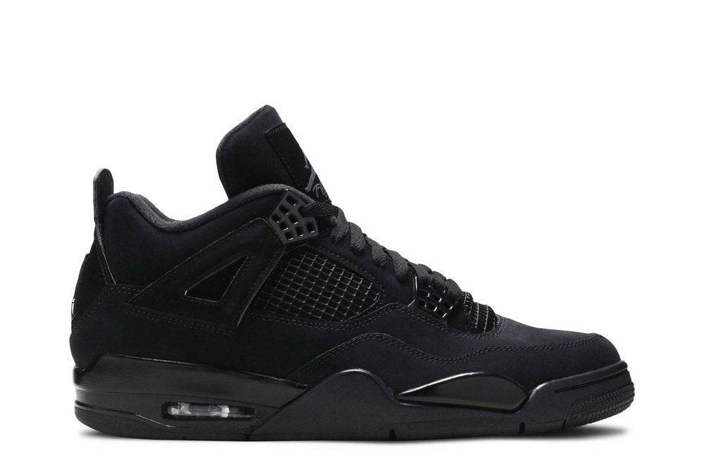 Air Jordan 4 Retro Black Cat 2020 sneaker featuring black nubuck suede, tonal detailing, and visible Air cushioning. Available on StockX.