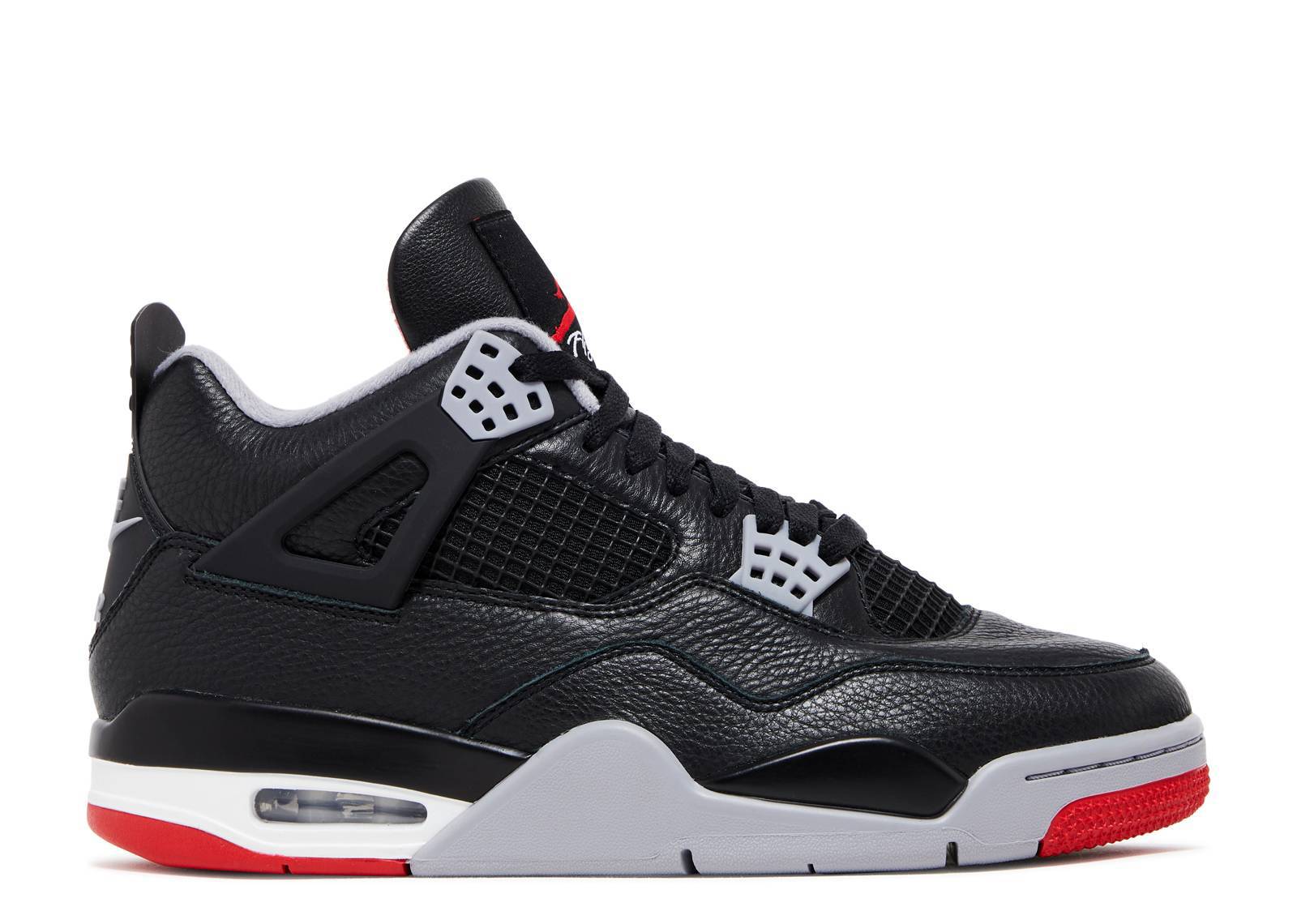 Air Jordan 4 Retro Bred Reimagined sneaker in Black/Cement Grey/Varsity Red with premium leather upper, mesh accents, and iconic midsole design.