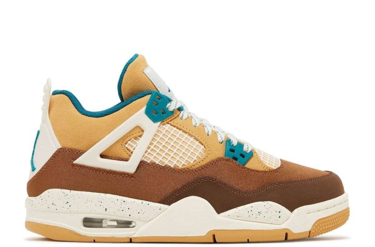 Air Jordan 4 Retro GS Cacao Wow sneaker featuring premium suede and mesh in chocolate hues with teal accents and visible Air Sole. Designed for kids, perfect for style and comfort.