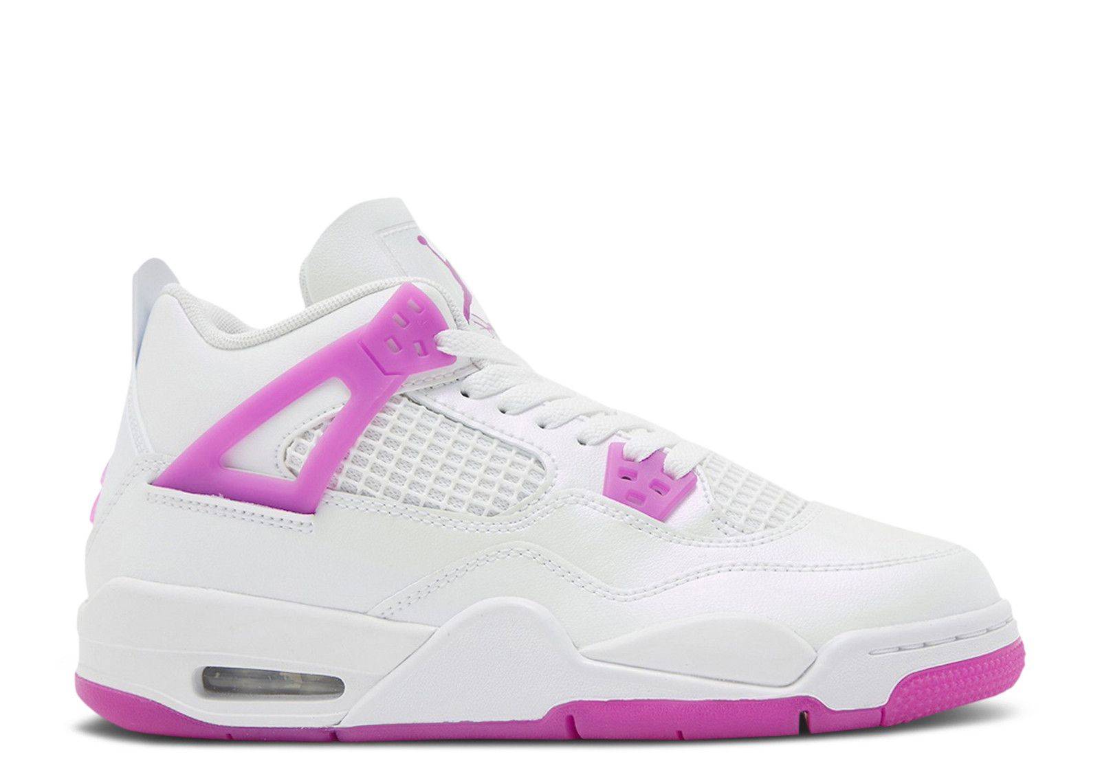 Jordan 4 Retro Hyper Violet sneaker featuring white leather upper, Hyper Violet accents, and visible air units. Stylish and comfortable for casual wear.