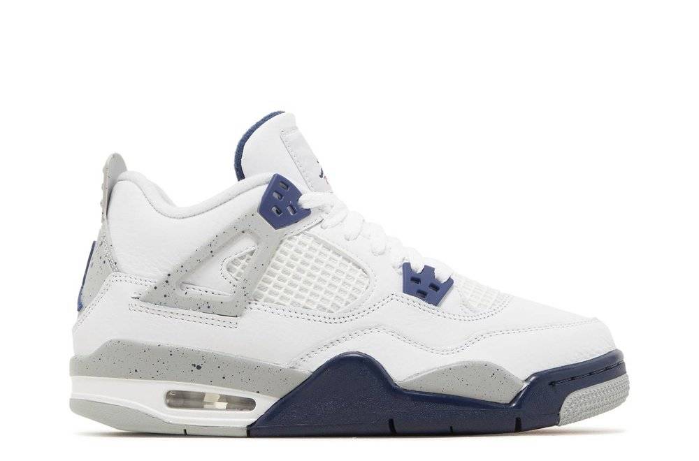 Air Jordan 4 Retro GS Midnight Navy sneakers in white leather with light grey Wings, navy accents, and Jumpman tongue tag. Grade-school sizing.