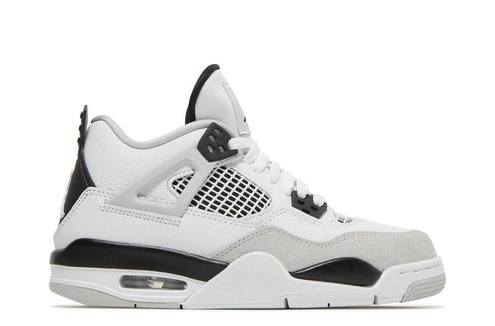 Air Jordan 4 Retro GS Military Black sneaker with white leather upper, breathable mesh panels, and black and gray suede overlays. Stylish and durable design for school and play.