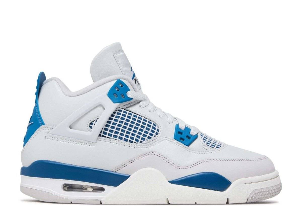 Air Jordan 4 Retro GS Military Blue 2024 sneaker featuring white leather upper, blue accents, mesh netting, and visible Air units. Classic design in grade school sizes.