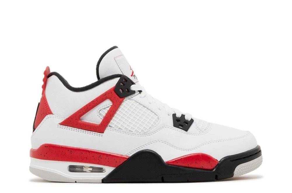 Air Jordan 4 Retro GS Red Cement sneaker featuring a white leather upper with bold red accents, black midsole, and visible Air cushioning. Designed for style and comfort, ideal for casual wear.