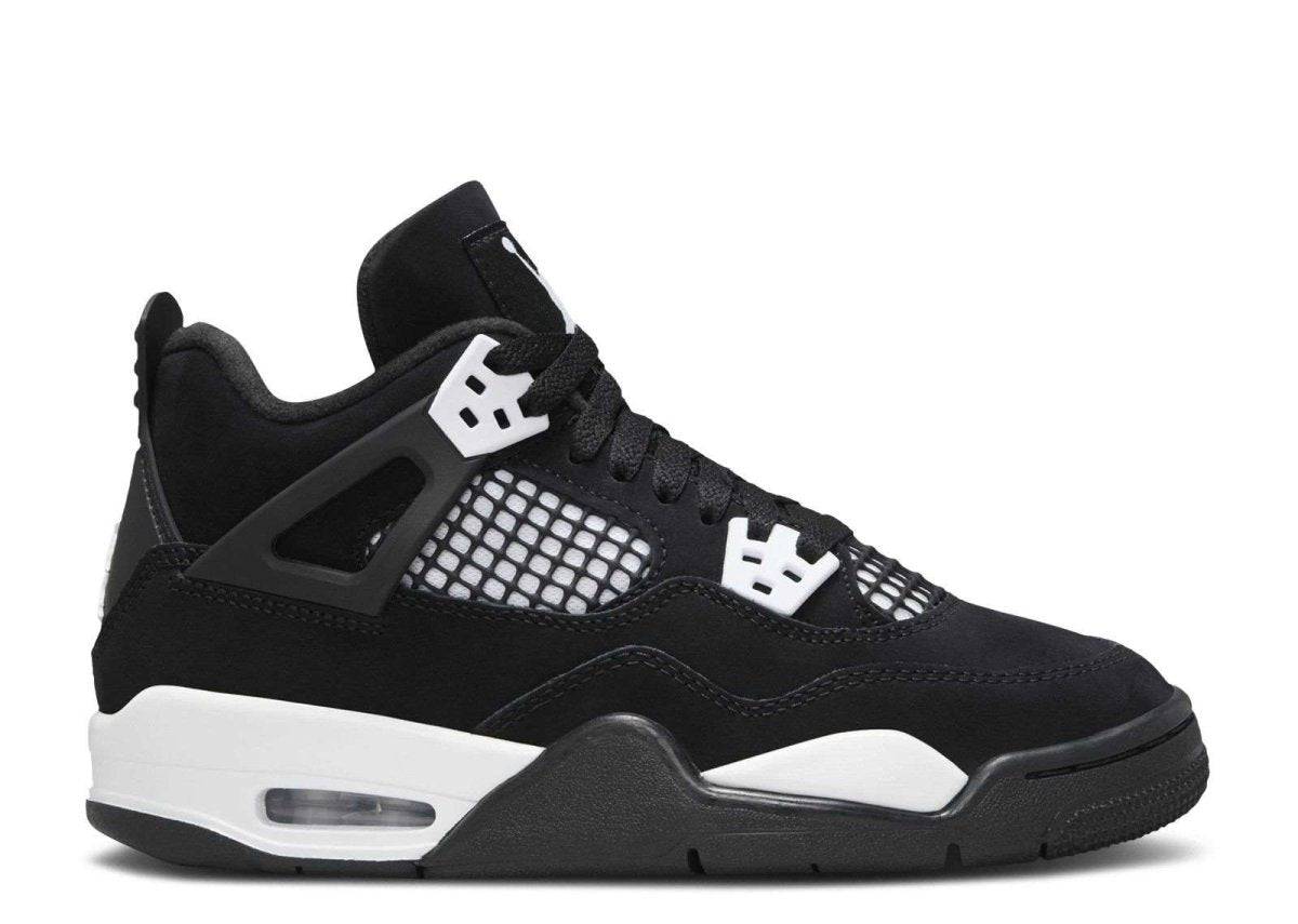 Air Jordan 4 Retro GS White Thunder sneaker featuring black nubuck upper, white accents, and signature Jumpman logo. Iconic design for grade school sizes.