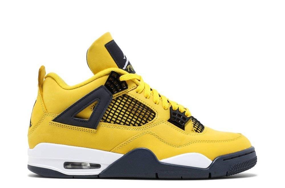 Air Jordan 4 Retro Lightning 2021 sneaker featuring a vibrant Tour Yellow Durabuck upper, black netted panels, and dark grey eyelets. Iconic design for sneaker enthusiasts.