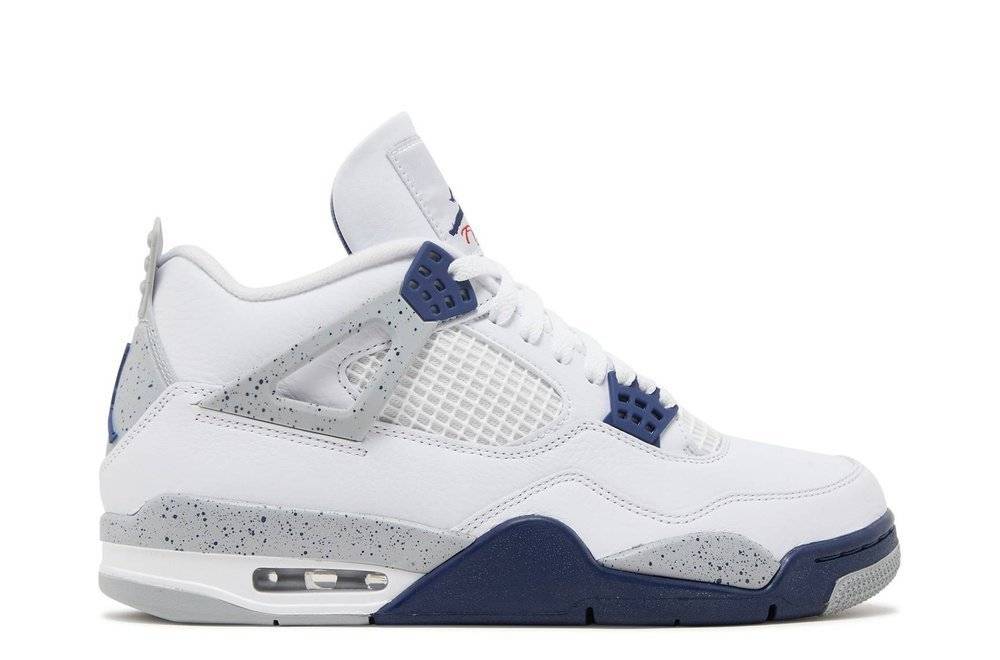 Air Jordan 4 Retro Midnight Navy sneaker in white leather with navy accents, speckled midsole, and Jumpman branding. Iconic design with Air technology, released October 2022.