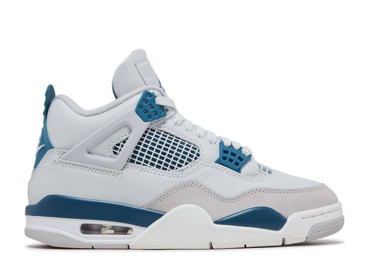 Air Jordan 4 Retro Military Blue 2024 sneaker featuring off-white leather, blue accents, mesh panels, and Nike Air logo on the heel.