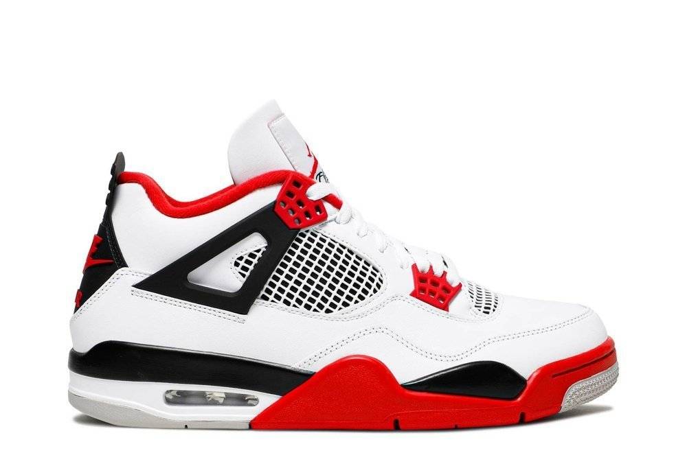 Air Jordan 4 Fire Red 2020 Retro OG sneaker featuring white leather upper, black accents, and Fire Red details. Iconic Nike Air branding on heel.